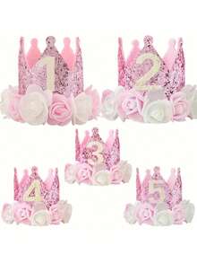 1 pieza Sombrero de cumpleaños para niños de 1 a 5 años, corona de fieltro con flores rosa y blanco con brillo, adecuado para cumpleaños, fiestas de Navidad y suministros para eventos