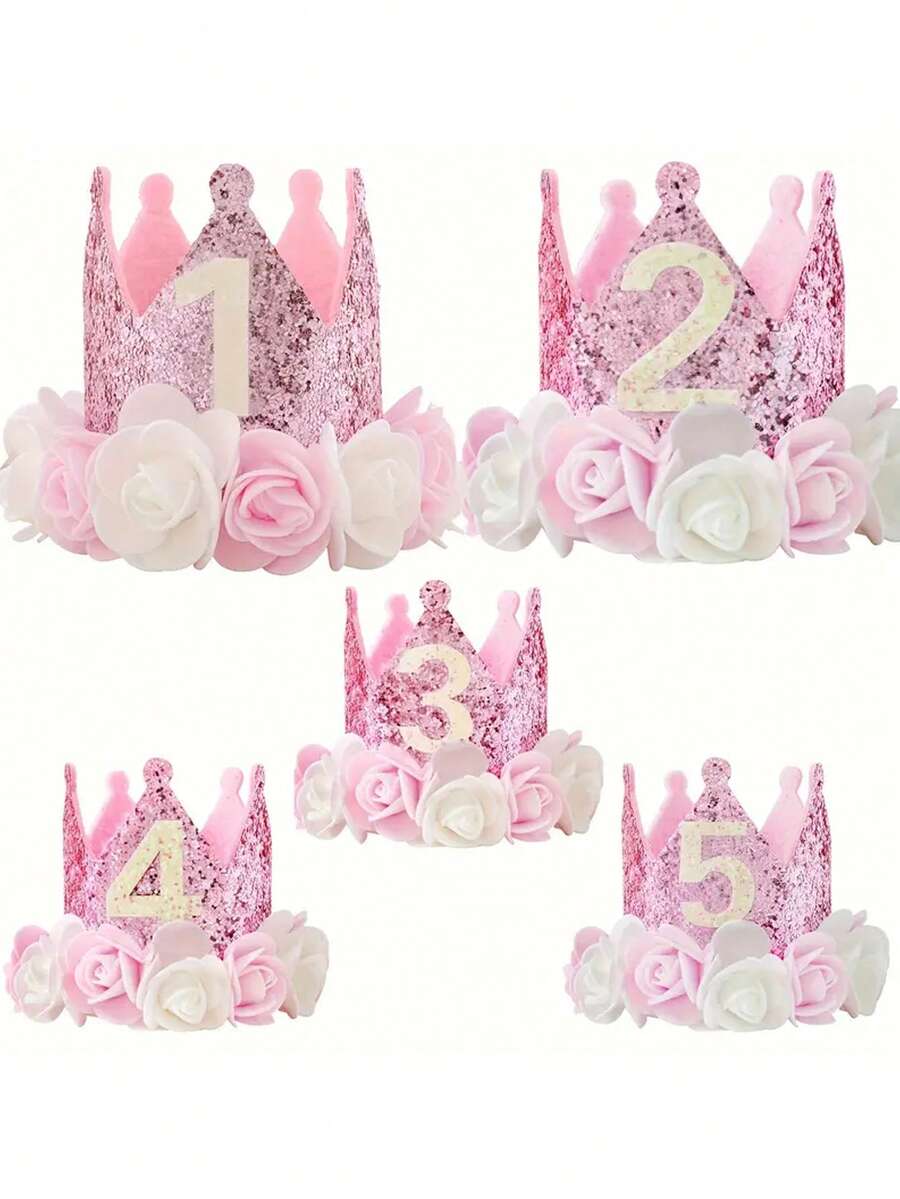 1 pieza Sombrero de cumpleaños para niños de 1 a 5 años, corona de fieltro con flores rosa y blanco con brillo, adecuado para cumpleaños, fiestas de Navidad y suministros para eventos