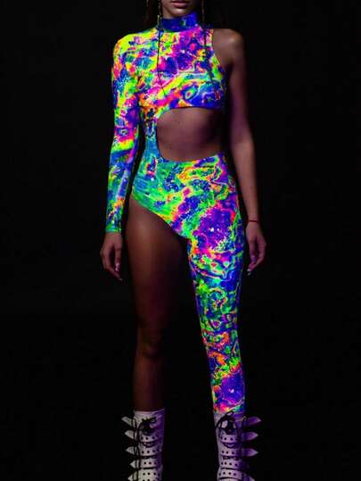 Combinaison sexy pour femme, ajustée, asymétrique, pour performance, vacances, imprimée, manches longues