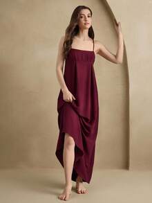 Anewsta Leisure Women's Solid Color Bust Pleated Camisole Nightgown Babydoll Holiday Season - Burgundy - View 7