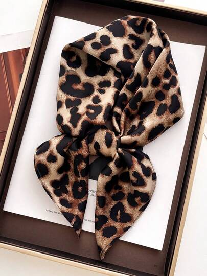 1pc Luxury Brand Leopard Print Scarf, Women's Faux Silk Neckerchief, Casual Versatile Decorative Small Scarf