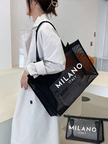 1 pièce sac de plage en maille matériau en Nylon Alphabet imprimé sac fourre-tout en maille de plage avec grande capacité, utilisez-le vous-même ou offrez des cadeaux à d'autres, sac de plage de fournitures scolaires, sac à dos étanche sac de vacances pour amis, maman, enseignants, cadeau de fête des mères, essentiels d'été, Les essentiels de la plage - Noir - Voir 7