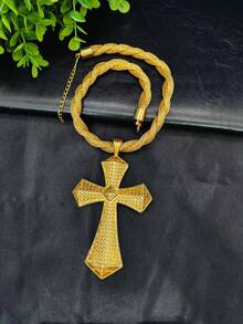 1pc Cross Pendant Necklace, Gold Color, Suitable For European, African, Brides, Weddings, Parties, Daily Wear, Holiday Gift - Yellow Gold - View 3