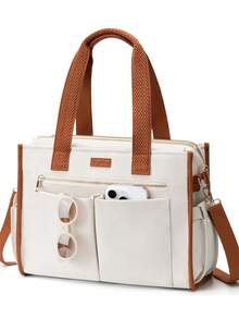 Canvas Tote Bag For Women, 15-Pocket Large Crossbody Handbag Bible Laptop Bag Zipper Bookbag For Teacher Work Travel College - Trắng và Nâu - Xem 1