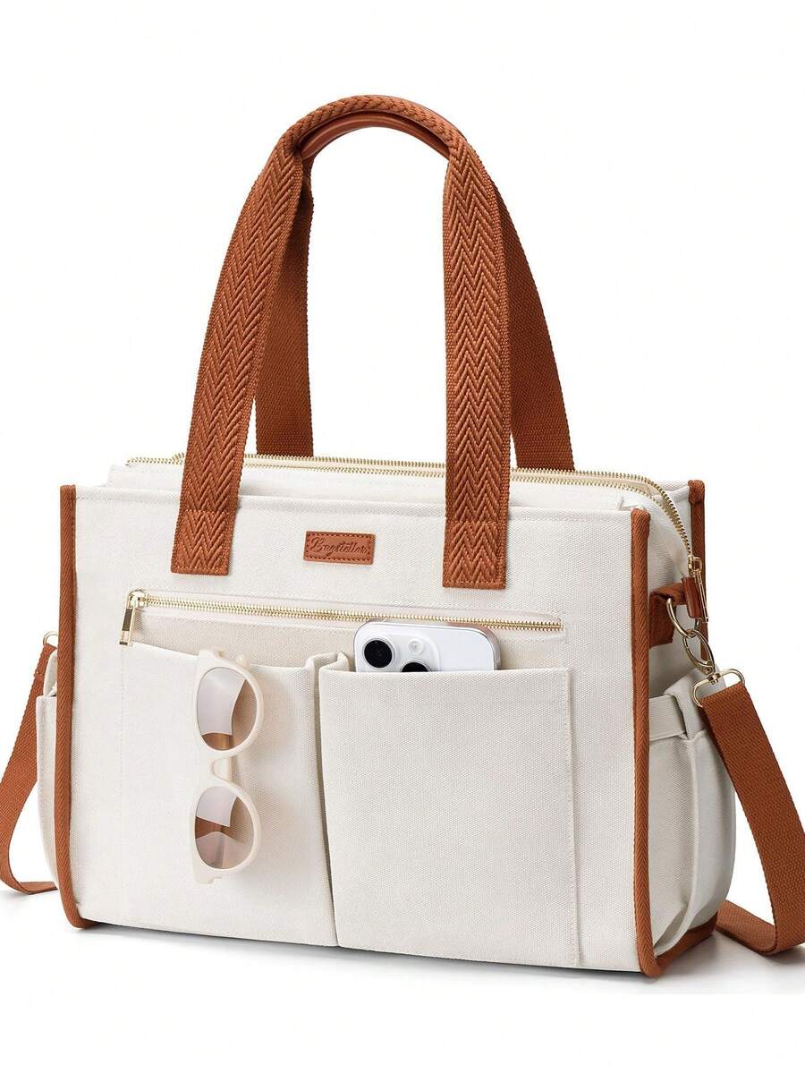 Canvas Tote Bag For Women, 15-Pocket Large Crossbody Handbag Bible Laptop Bag Zipper Bookbag For Teacher Work Travel College - Trắng và Nâu - Xem 1