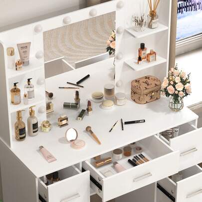 Tocador con espejo y cajón iluminados con LED - Perfect For Organizing Makeup, Skincare, Elegant Vanity|Decorative Vanity, Vanity Furniture, Compact For Small Space, Bedroom Decor Gift, Perfect Gift For Women Girls , Ideal para regalos de Navidad y Halloween.