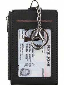 Women & Men Keychain Card Holder Case Zipper Slim Minimalist Front Pocket Wallet With 2 ID Window, Black - Đen01 - Xem 7