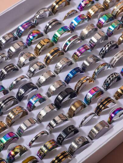 5-10pcs/Set Stainless Steel Roman Letter Square Embossed Rings, Suitable For Men's Daily Wear And Holiday Decoration, Random Size And Style