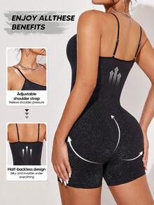 Women Sleeveless Metallic Thread Bodycon Rompers For Summer - Black - View 2