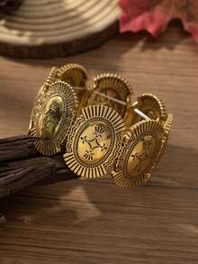 Bracelet élastique vintage en alliage de zinc électrolysé doré, style géométrique minimaliste de mode bohème rétro unisexe. Convient pour l'automne/l'hiver, le port quotidien, les vacances, le style populaire du Moyen-Orient - Multicolore - Voir 2