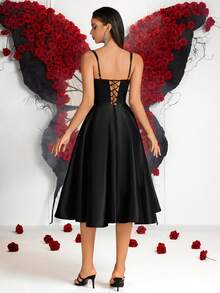 Elisanya Damen einfarbiges elegantes Kleid mit dicken Trägern, hoher Taille, A-Linie, rückenfreiem Bindegürtel, kurz. Geeignet für Abschlussball, Party, Cocktail, Abschlussfeier, Geburtstag, Date Night, Homecoming, Hochzeitsgast, Cocktailparty