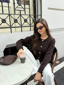 FOR BEAUTY 女士圆领单排扣长袖针织开衫，时尚简约，百搭休闲街头风，适合日常通勤，女士春季上衣 - 棕色 - 查看 2