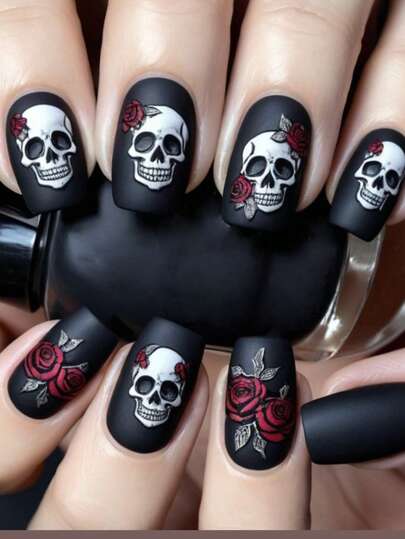 24Pcs Halloween Nails Black Matte Rose Skull Print Design Full Coverage Press False Nails Are Suitable For Women'S Holiday Party Nail Art Decoration Nail Supplies Nails