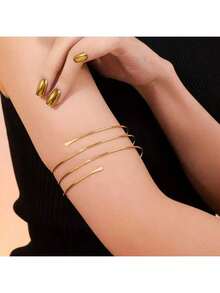 Bộ 6 vòng tay kim loại tối giản họa tiết hoa, lá và đường nét hình học có thể điều chỉnh, phù hợp để đeo hàng ngày, phong cách đường phố và đi nghỉ - A0007T-13 - Xem 3