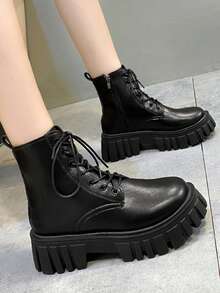 Botas cortas de estilo británico para mujer, Botas de Agujetas para Mujer, Botas Militares de Combate con Cordones para Mujer, Botas de Combate Minimalistas: Con Cremallera Lateral, Hebilla y Cordones Frontales – Ideales para Combinar con Ropa de Otoño - Negro - Ver 7