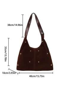新款时尚手提包，性感铆钉托特包，女士通勤个性化丝绒斜挎包 - 咖啡棕 - 查看 4