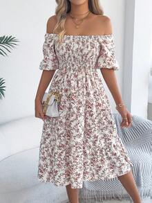 Summer Blue Floral Off Shoulder Midi Dress For Women, Smocked Puff Sleeve A Line Casual Vacation Dress - 白色 - 查看 5