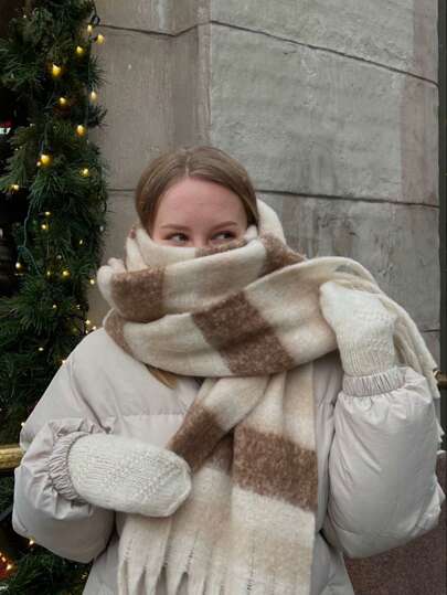 1pc Fashionable Multi-Color Striped Plaid Warm Fleece Scarf For Women, Bohemian Style Casual Windproof Couple Shawl, Cozy Blanket Scarf Suitable For Daily Wear, Autumn/Winter