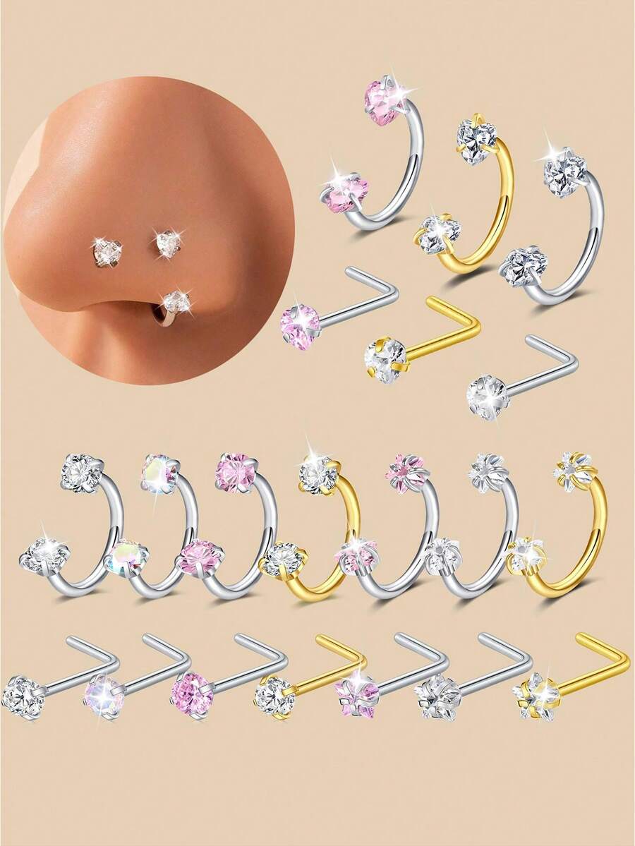6/2 件马蹄形鼻环配 L 型鼻钉，不锈钢粉色彩虹 CZ 鼻环，银金内螺纹马蹄形鼻环，女士唇眉螺旋耳洞饰品，四季佩戴，礼物 - 彩色 - 查看 1