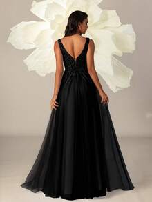 VIPGIRL Đầm dạ hội maxi đen cổ chữ V xẻ cao đính sequin xuyên thấu, đầm dự tiệc sang trọng thanh lịch dành cho nữ, đầm dự tiệc, đầm dài nữ, đầm maxi, đầm dạ hội, đầm dự đám cưới, đầm trang trọng mùa xuân - màu đen - Xem 3