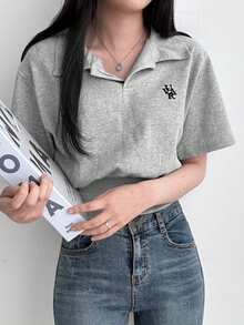 YCYC 韓式刺繡設計通勤百搭女款休閒短袖翻領T恤 夏季 - 灰色 - 查看 5