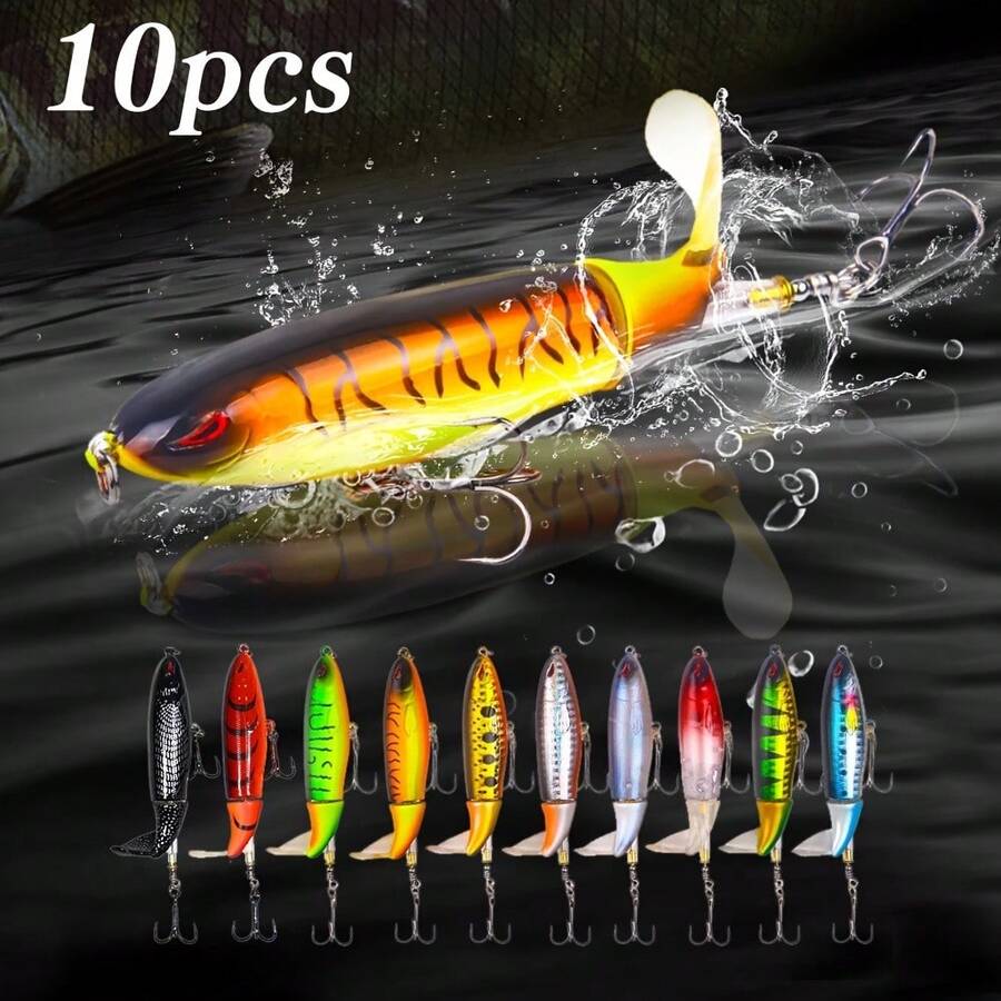 10pcs Topwater Popper Fishing Lure With Propeller Rotating Tail Topwater Bass Lures For Freshwater Saltwater Bionic Swimming Lure - Nhiều màu - Xem 1