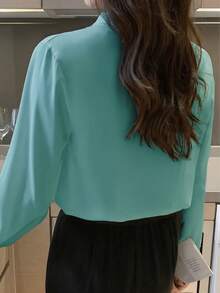 Blus Leher V Berhiaskan Manik-manik Warna Polos, Kemeja Lengan Panjang Elegan - Cadet Blue - View 3