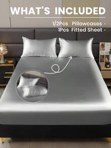 2/3 Pcs Satin Bed Sheets Set, Halloween Decor, Fall Decor, Black Sheet Set, Silk Sheets, Solid Color Bed Sheet Set, Soft And Comfortable Bedding, Skin-Friendly Bed Set, Halloween Gift, Christmas Decoration, Lightweight And Silky Smooth, Room Decor, Mattress Protector For Bedroom, Deep Pocket, Dustproof, For All Season, Fits  For Twin Full Queen And King Sizes, 1pc Fitted Sheet And 1/2pcs Pillowcase, Machine Washable - 灰色 - 查看 2