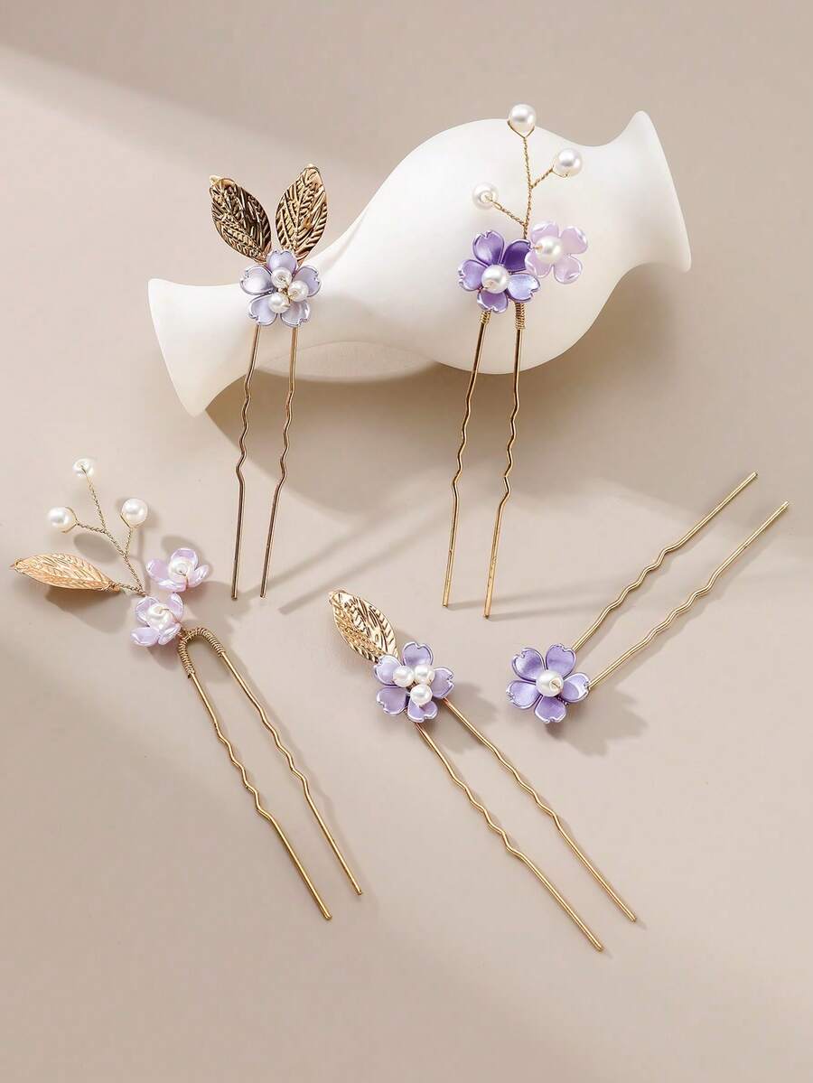 5pcs Handmade Faux Pearl Flower & Leaf Hair Clips, Bridal Wedding Party Accessories Valentine's Day Accessories - Purple - View 1