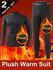 Men's Thermal Underwear Set, Pure Black Long-Sleeved Round-Neck Top And Long Trousers, Thermal Base Shirt, Velvet Thickened In Autumn And Winter, Fleece Tights, Sportswear, High-Elastic Fitness Clothes, Running Training Clothes, Cycling Clothes