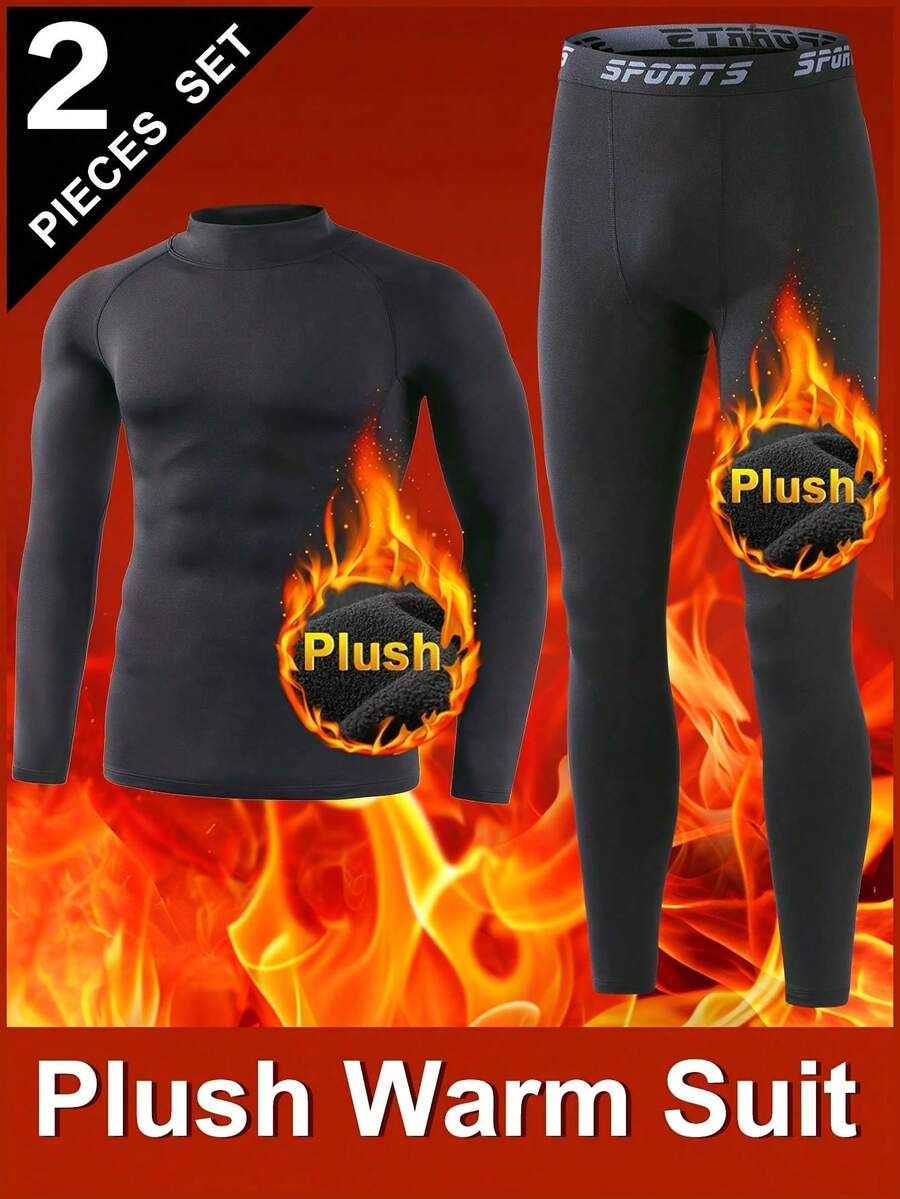 Men's Thermal Underwear Set, Pure Black Long-Sleeved Round-Neck Top And Long Trousers, Thermal Base Shirt, Velvet Thickened In Autumn And Winter, Fleece Tights, Sportswear, High-Elastic Fitness Clothes, Running Training Clothes, Cycling Clothes