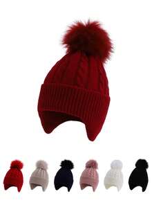 1 件儿童针织帽，带绒球，保暖护耳帽，适合男孩和女孩，秋冬 - 1PC - 查看 2