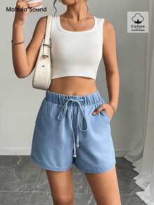Mobula Sound# Sexy Music Festival Versatile Casual Vacation Elegant Fashion Style Women's Elastic Waist Loose Blue Denim Shorts, Spring/Summer - Blue - View 7