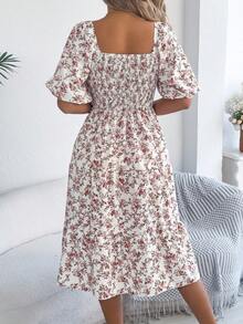 Summer Blue Floral Off Shoulder Midi Dress For Women, Smocked Puff Sleeve A Line Casual Vacation Dress - 白色 - 查看 2