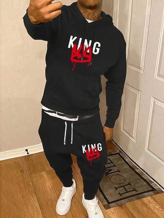 Men's Thin Letter Print Hooded Sweatshirt And Drawstring Waist Pants Set, Fashionable Casual Sports Outfit With Pockets, Suitable As Gift For Husband Or Boyfriend, Spring/Autumn