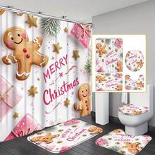 1 Piece/4 Pieces Christmas Scene Winter Decor, Pink Gingerbread Man, Snowflake, Christmas Shower Curtain, Modern Personalized Bathroom Christmas Decor, Waterproof Fabric Shower Curtain Set With 12 Hooks, Non-Slip Bathroom Rug, U-Shaped Toilet Mat, Toilet Lid Cover, Christmas Home Decor. Bathroom Decor