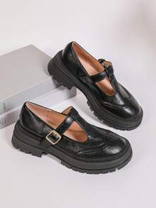 女士新款洛丽塔风粗跟黑色乐福鞋,法式英伦玛丽珍鞋,情人节心形鞋面设计,心形鞋面,金属扣鞋,复古圆头乐福鞋,新款学院风商务正装办公平底鞋(黑色) - 黑色 - 查看 3