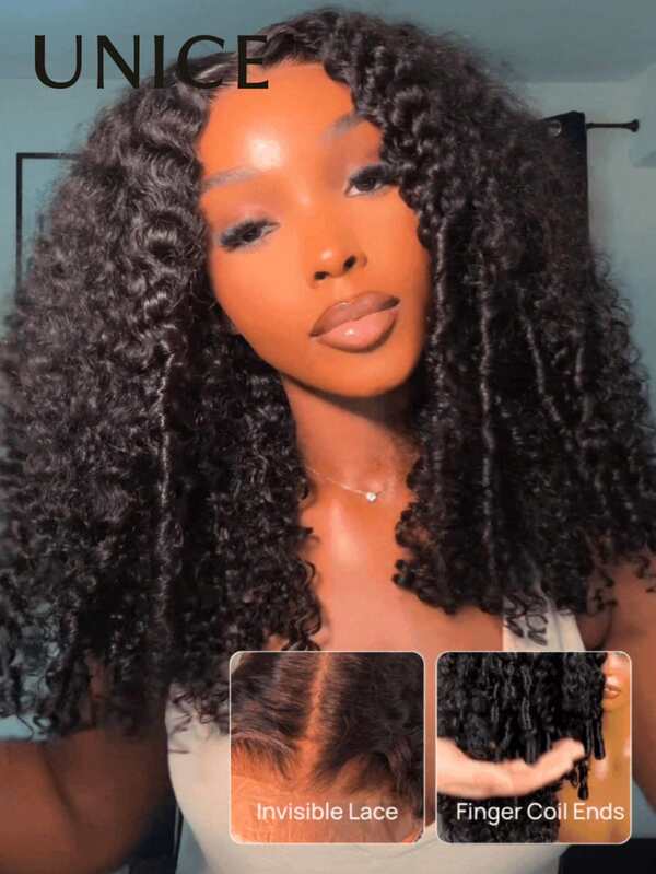 UNice Hair 7x5 Lace Closure Glueless Wigs Natural Black Spiral Curls Water Curly Hair Twist Out At The End 100% Human Hair Ready To Wear Bye Bye Knots Wig Finger Coil Ends Summer Vacay Glow Pre Cut Pre Pluck Pre Bleached Transparent Lace Unice Wig