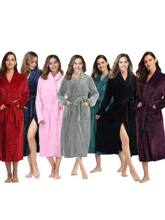 Badrock Dam Fleece Plysch Varm Lång Morgonrock Fleece Nattlinne Sovkläder, Fluffig Fuzzy Mysig Varm Lätt Badrock, Dusch Spa House Lång Morgonrock För Dam Bomull Kimono Lång Stickad Lätt Mjuk Stickad Morgonrock V-ringad Casual Dam Loungekläder Morgonrockar För Dam
