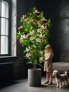 82-144cm Large Artificial Ficus Tree Fake Magnolia Plants Branch Tall Banyan Tree Faux Nandina Tree Rubber Real Touch Fiddle Leaves Plastic Fiddle Plant For Home Garden Office Decor Without 1pc - Hồng - Xem 1