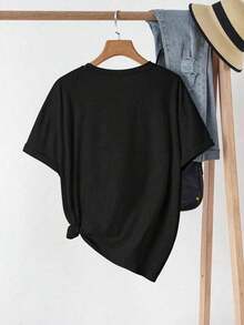 Women "Cruise Life" Summer Vibe Letter Print Short Sleeve Crew Neck T-Shirt-White And Navy Off-The-Shoulder Cropped Top Thanksgiving And Christmas - 黑色 - 查看 2