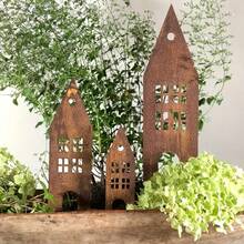 3pcs Rustic Metal Garden Stakes With Wooden Poles, Vintage Hollow Theater Sign, Suitable For Garden And Outdoor Decor, Autumn Holiday Home Themes, Battery-Free, Christmas Decoration - Multicolor - View 1