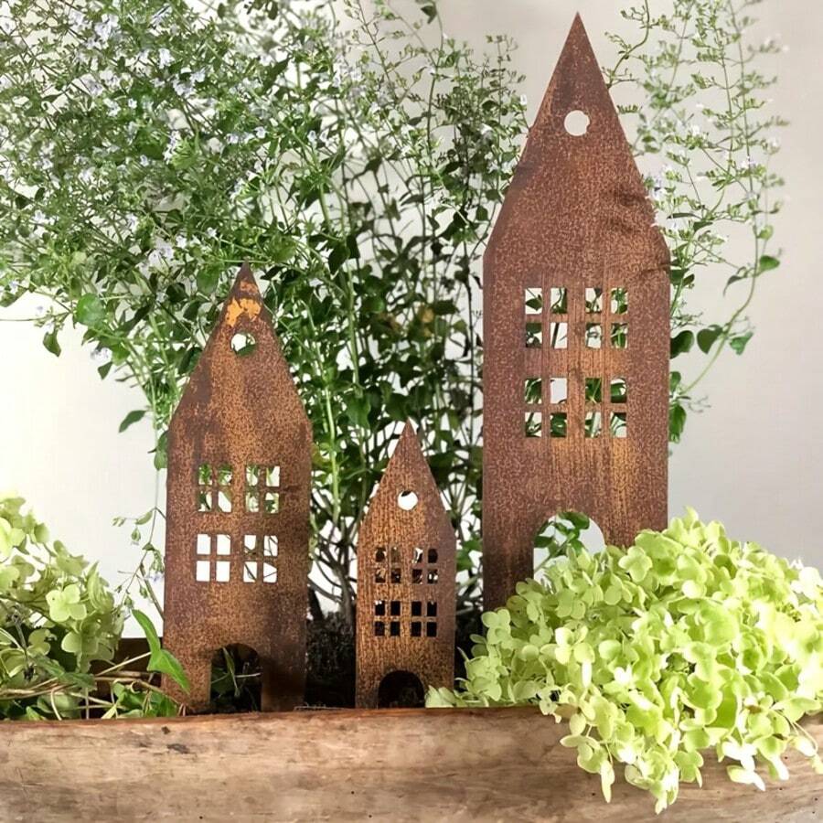 3pcs Rustic Metal Garden Stakes With Wooden Poles, Vintage Hollow Theater Sign, Suitable For Garden And Outdoor Decor, Autumn Holiday Home Themes, Battery-Free, Christmas Decoration - Multicolor - View 1