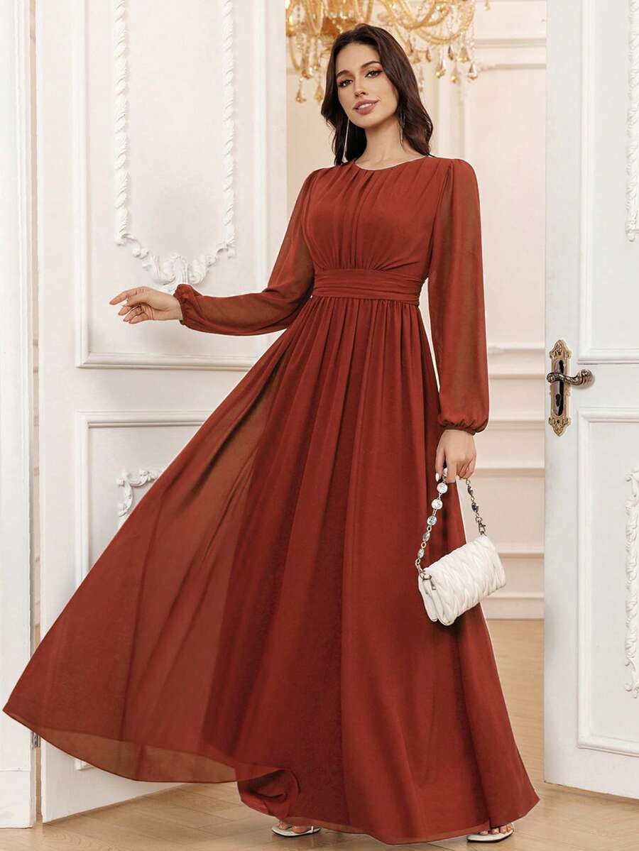 Volly Toych 锈棕色春季优雅A字圆领长袖及地雪纺正式伴娘礼服、婚礼宾客礼服、无衬里袖子