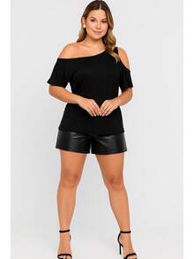 Women's Basic Viscolycra Blouse Round Neck Baby Look Short Sleeve - 黑色 - 查看 3