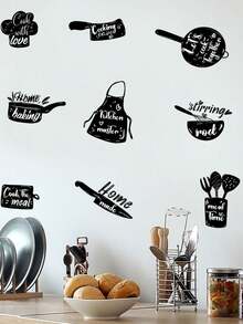 1 件卡通黑白厨房用具图案墙贴 - 黑色 - 查看 3