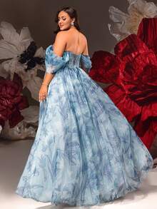 VIPGIRL 优雅蓝色花朵露肩大码礼服，高开衩，薄纱覆盖，长款正式晚礼服，女士公主风格舞会礼服，婚礼宾客礼服，奢华舞会礼服，女士派对礼服 - 藍色 - 查看 2
