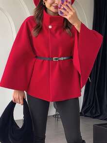 Manteau poncho ample en laine mélangée pour femmes, col montant, manches courtes, avec ceinture, élégant, pour l'hiver - rouge vif - Voir 3