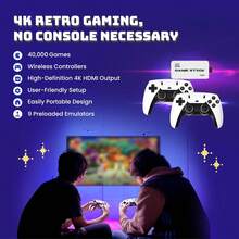 WEDO Controle Retrô de Jogos - Console de Jogos Retrô com mais de 40.000 Jogos Clássicos, 9 Emuladores, Armazenamento de 128GB/64GB, Plug & Play Saída 4K, Inclui 2 Controladores Sem Fio 2.4GHz