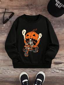 Sudadera con capucha de cuello redondo de forro polar con estampado de fantasma y calabaza de coche para adolescentes, estilo casual y deportivo